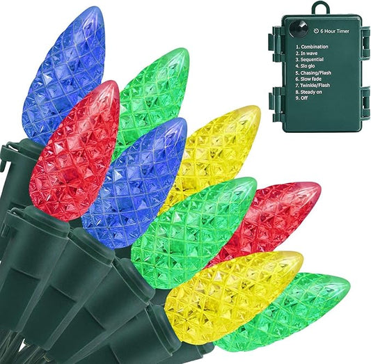 Battery Operated String Lights - 18ft 50 LED C6 String Lights Christmas Lights Battery Powered String Lights for Indoor Outdoor Christmas Tree Wreath Party Decoration, Waterproof, Multicolor