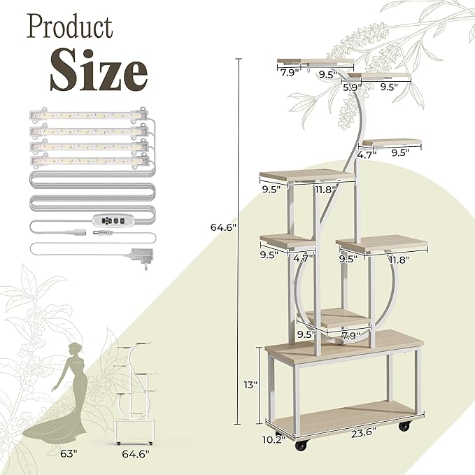 PRAISUN 65 Inch Plant Stand with Grow Light, 9 Tiered Indoor Plant Shelf with Larger Flower Holder, Music Note-shaped Stand with Top Ring Hook , Corner Plant Rack for Living Room, White
