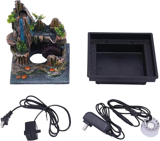 Stone Fountain Indoor Water Fountains Tabletop Waterfall Fountains Relaxing Landscape Atomizing Humidifier with Rockery Plants LED Light for Home Office Bedroom (B)