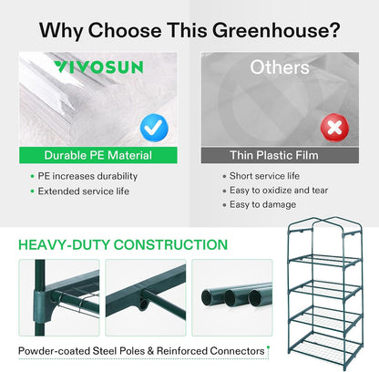 VIVOSUN Mini 4-Tier Greenhouse with Wheels, 27 x 19 x 63-Inch Reusable Portable Warm House with White PE Cover and Shelf for Compact Garden and Small Backyards, with Wheels