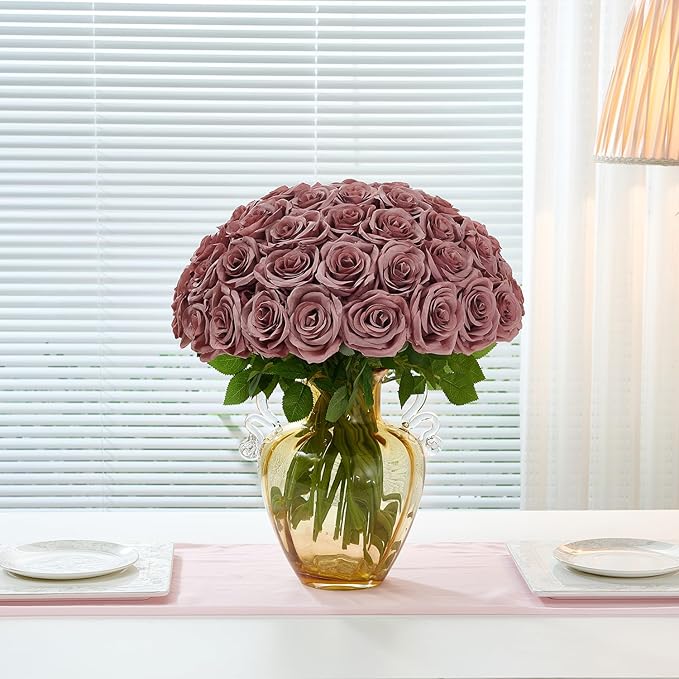 50Pcs Dusty Rose Roses Artificial Flowers Artificial Silk Roses Bulk,Fake Roses Flower with Stems Realistic Flowers for Wedding Centerpiece Home Party Decor