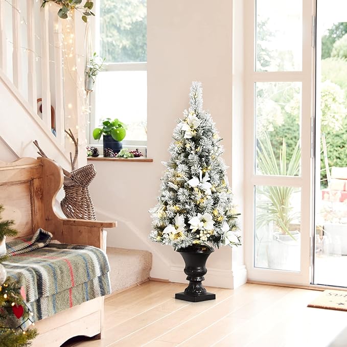 Happygrill 4ft Artificial Christmas Tree Pre-lit Entrance Xmas Tree with 100 LED Lights, Snow Flocked Potted Tree with Flowers & White Berries