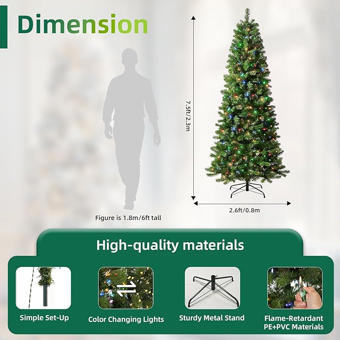 7.5ft Pre-Lit Slim Christmas Tree Douglas Fir with 186 PE & 610 PVC Branches, Hinged Sections & Metal Stand, 350 Dual Color LED Lights with 10 Modes for Holiday Decoration