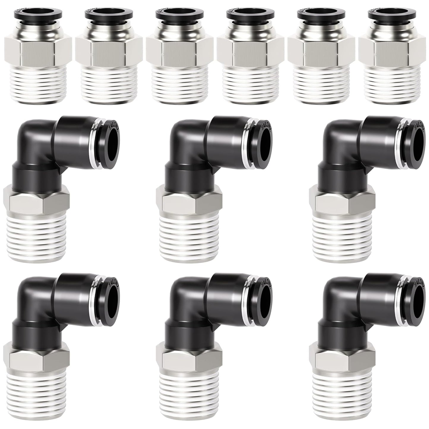 TAILONZ PNEUMATIC Elbow and Straight Combination 5/16 Inch Tube OD x 3/8 Inch NPT Thread Push to Connect Fittings PC-5/16-N3+PL-5/16-N3(Pack of 12)