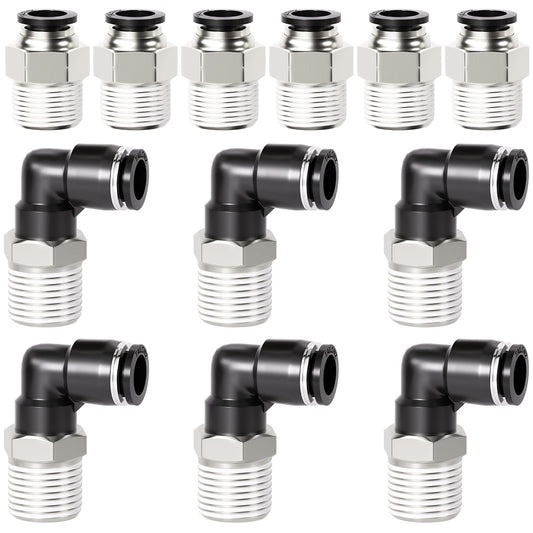 TAILONZ PNEUMATIC Elbow and Straight Combination 5/16 Inch Tube OD x 3/8 Inch NPT Thread Push to Connect Fittings PC-5/16-N3+PL-5/16-N3(Pack of 12)