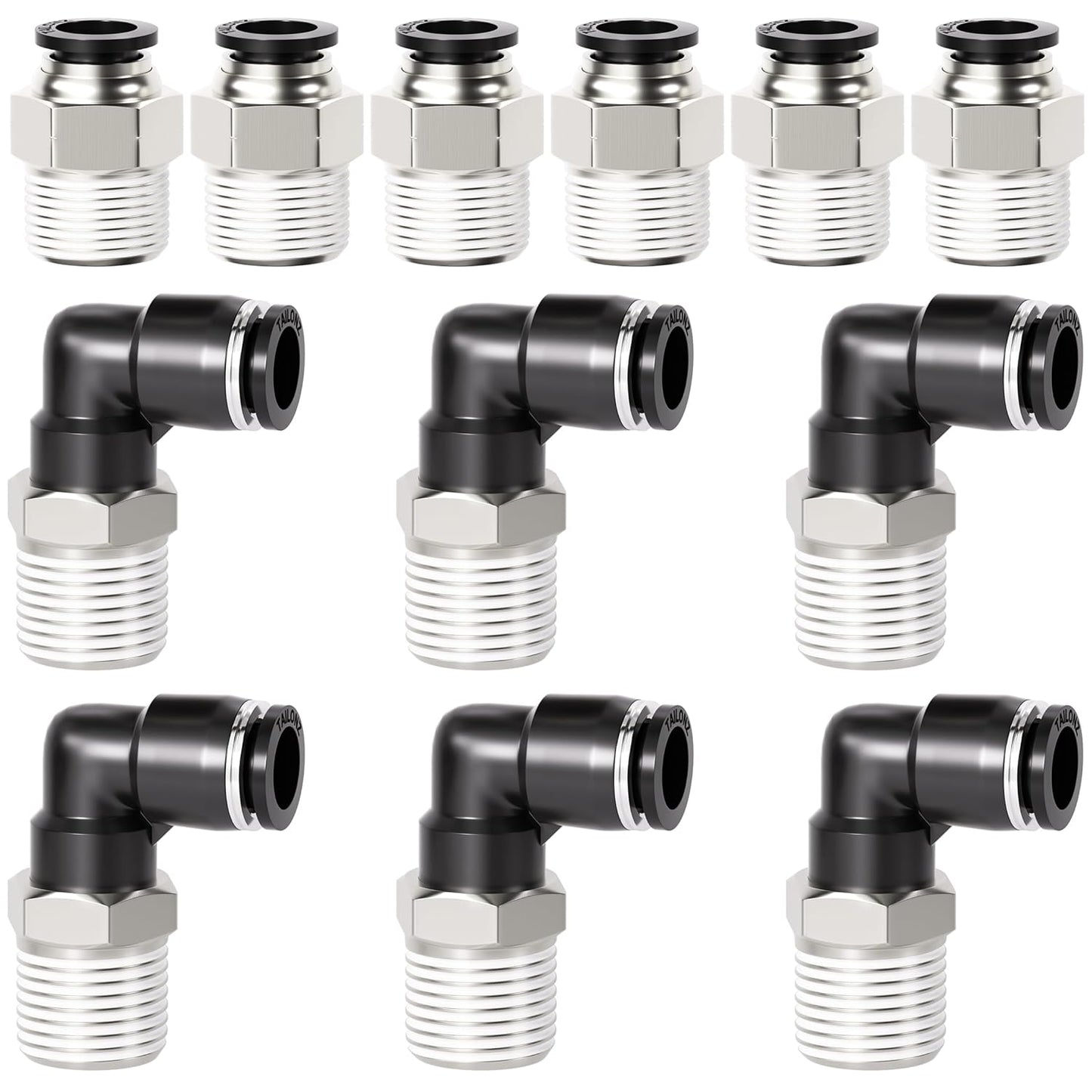 TAILONZ PNEUMATIC Elbow and Straight Combination 1/4 Inch Tube OD x 3/8 Inch NPT Thread Push to Connect Fittings PC-1/4-N3+PL-1/4-N3(Pack of 12)