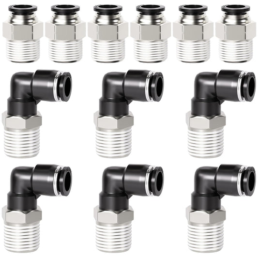 TAILONZ PNEUMATIC Elbow and Straight Combination 3/8 Inch Tube OD x 3/8 Inch NPT Thread Push to Connect Fittings PC-3/8-N3+PL-3/8-N3(Pack of 12)