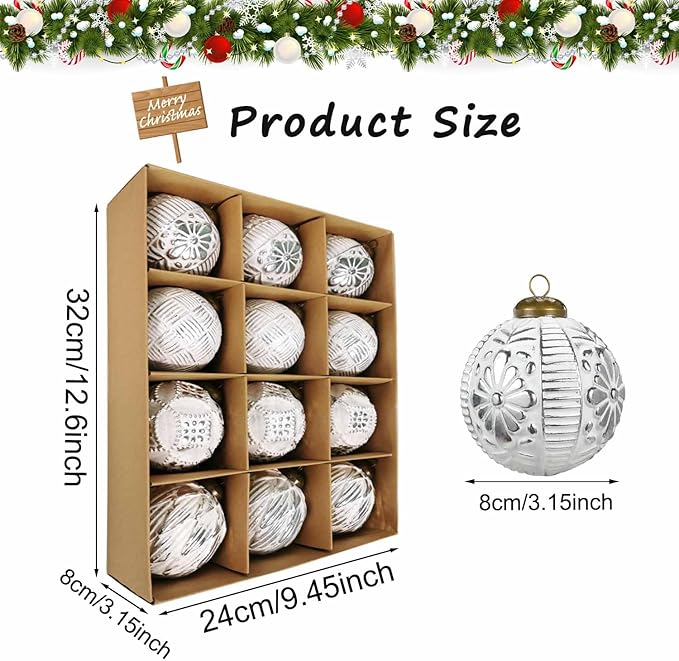 Christmas Ball Ornaments Set, 12ct 80mm Elegant White and Silver Assorted Xmas Tree Ball Ornaments, Shatterproof Christmas Tree Hanging Ornaments for Xmas Decoration