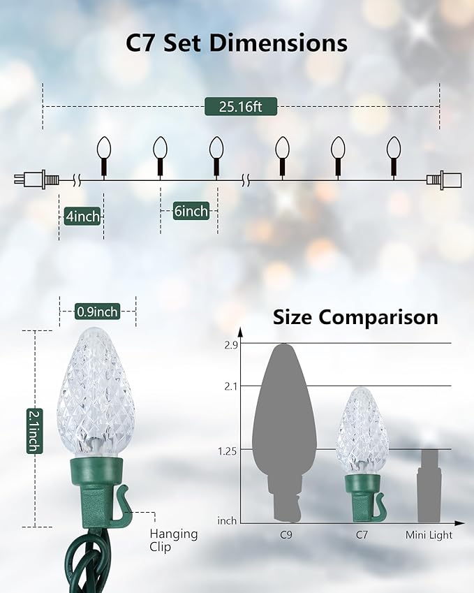2-Set C7 LED Christmas String Lights, 25.16FT 50 LED Connectable Outdoor Indoor Decorative Light Strand, Cool White Xmas Holiday Lights for House, Christmas Tree, Patio, Party Decoration, UL Listed