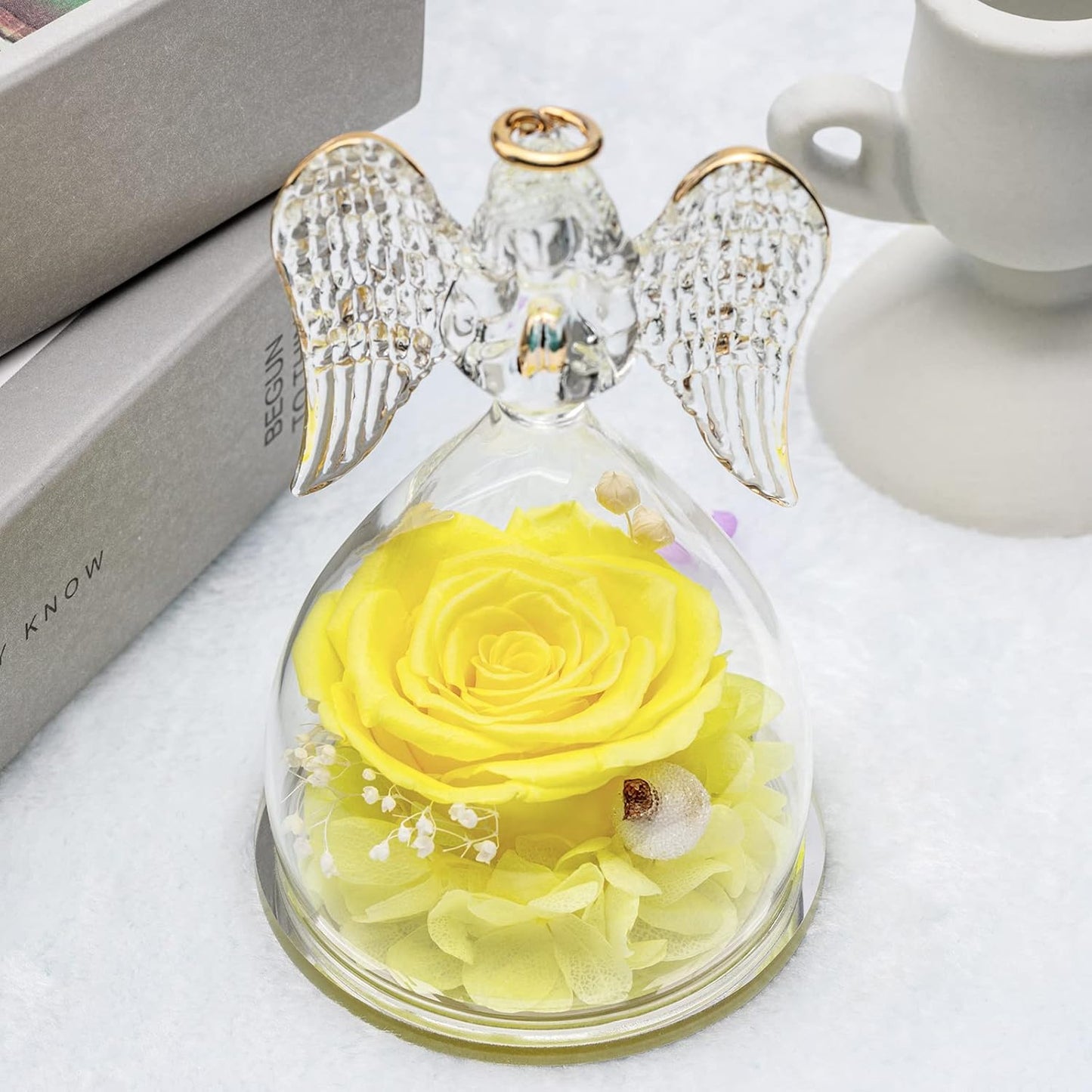 Yamonic Mom Birthday Gifts for Mom,Angel Figurines with Real Rose Gifts for Her Mom Grandma,Preserved Flowers Rose Angel Figurines for Mothers Day Christmas Anniversary Birthday Gifts for Wife(Yellow)