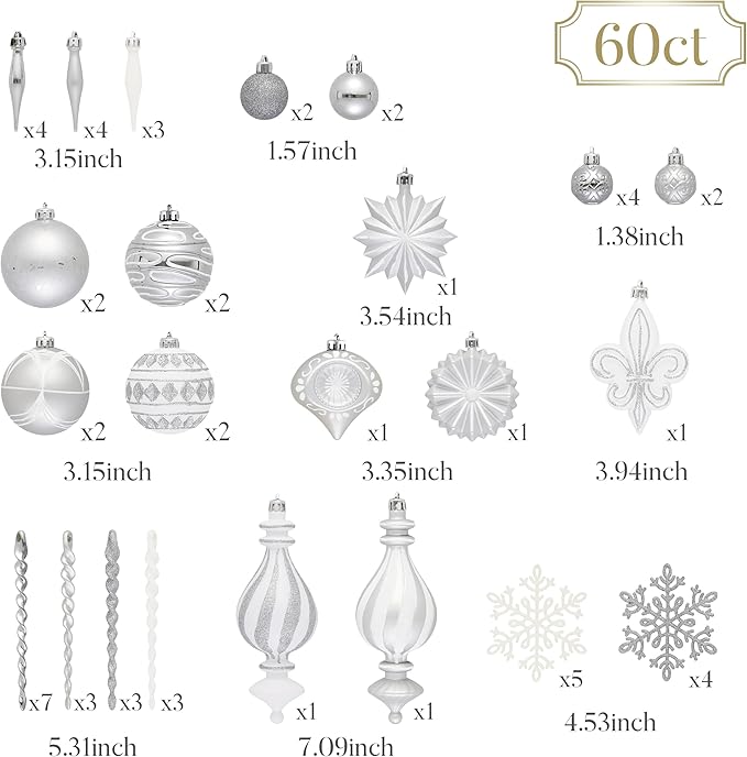Valery Madelyn Fall Ornaments for Christmas Trees, 60ct White and Silver Shatterproof Christmas Tree Decorations, Luxury Hanging Ball Ornaments Bulk for Thanksgiving Autumn Harvest Decor