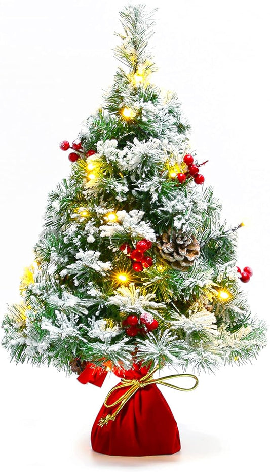 Sunnyglade 21.6 inch Snow Flocked Christmas Tree Artificial Mini Christmas Pine Tree Indoor Tabletop Ornaments Decorations with 30 LED Lights,Red Cloth Base and Pine Cones,White
