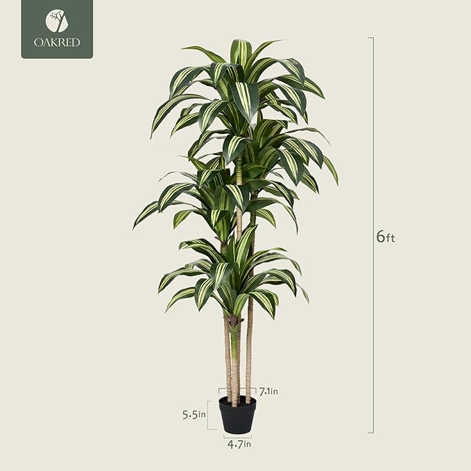 Artificial Dracaena Tree 6FT Tall Fake Tree - Faux Indoor Plant with UV Resistant Potted Design - Realistic Large Artificial Plants for Home Living Room Office Decor Indoor