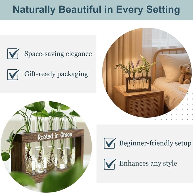 Rooted in Grace Plant Propagation Station – Wooden Stand with 5 Glass Vases, Faith-Inspired Christian Gift for Women, Indoor Plant Cutting Holder for Home, Office, Garden and Housewarming Décor