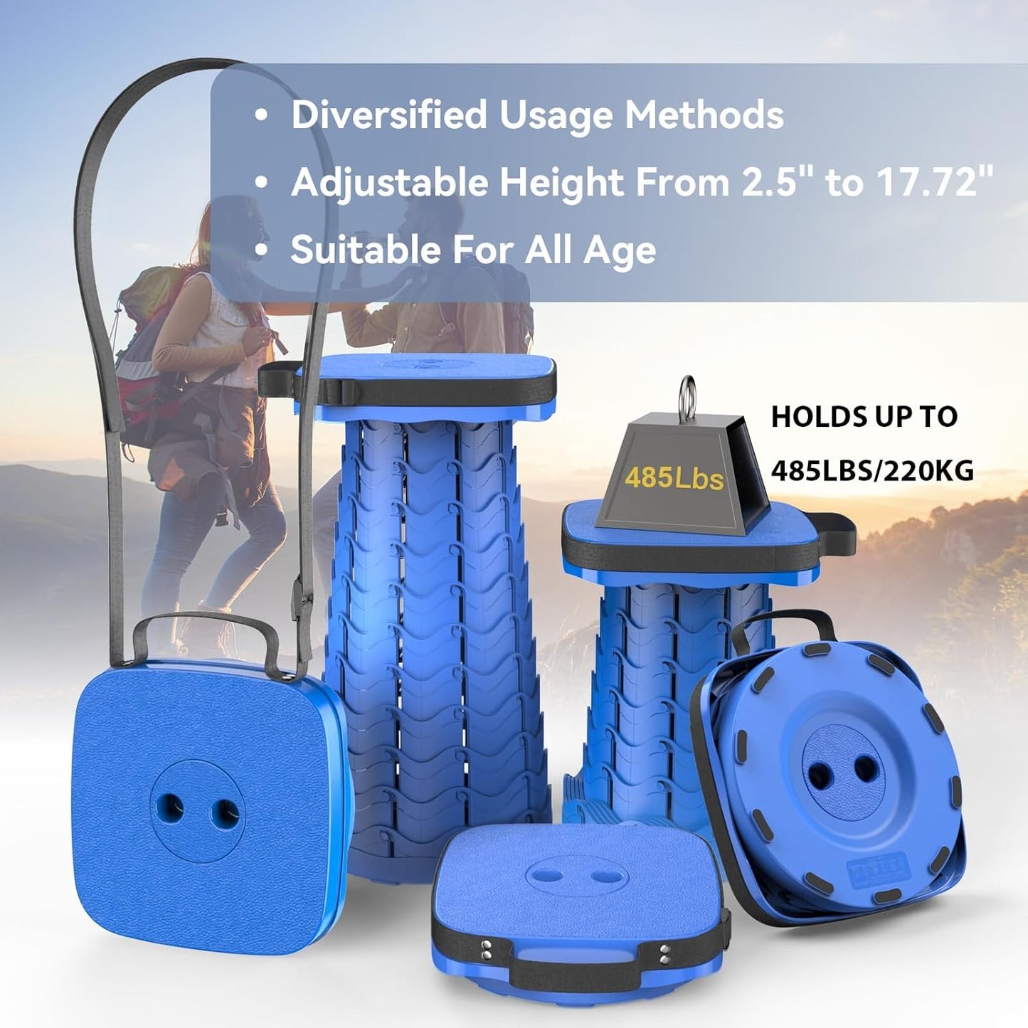 2025 Upgraded Collapsible Stool, Portable Folding Stool, Telescoping Camping Stool with Max Load Capacity 485lbs, Square Retractable Seat for Camping Gardening Fishing Hiking BBQ [Blue]