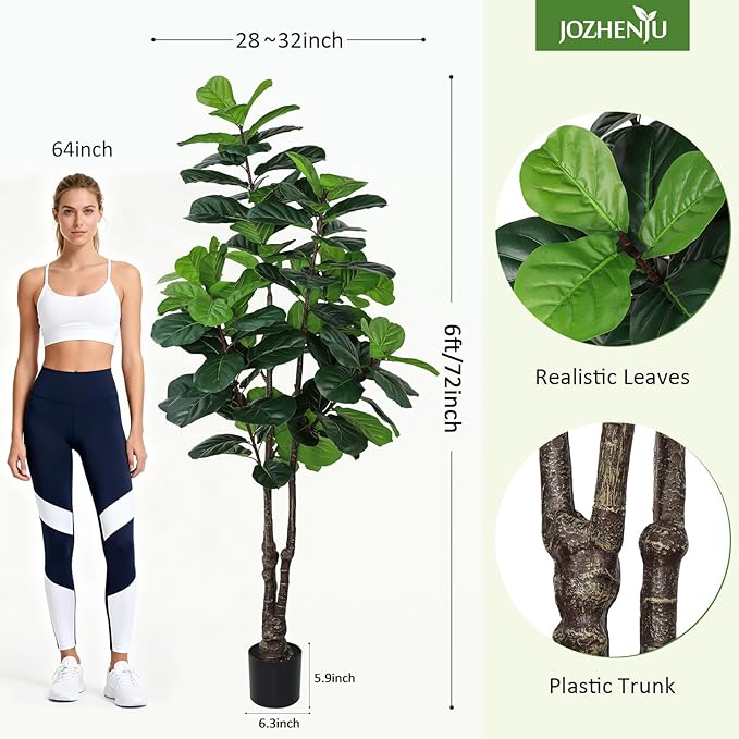 Fiddle Leaf Fig Tree Artificial Plants Indoor - 6ft Realistic Fake Plants Ficus Lyrata Trees, Faux Trees Indoor Floor Plant for Home Decor Living Room Office Christmas Housewarming Gifts