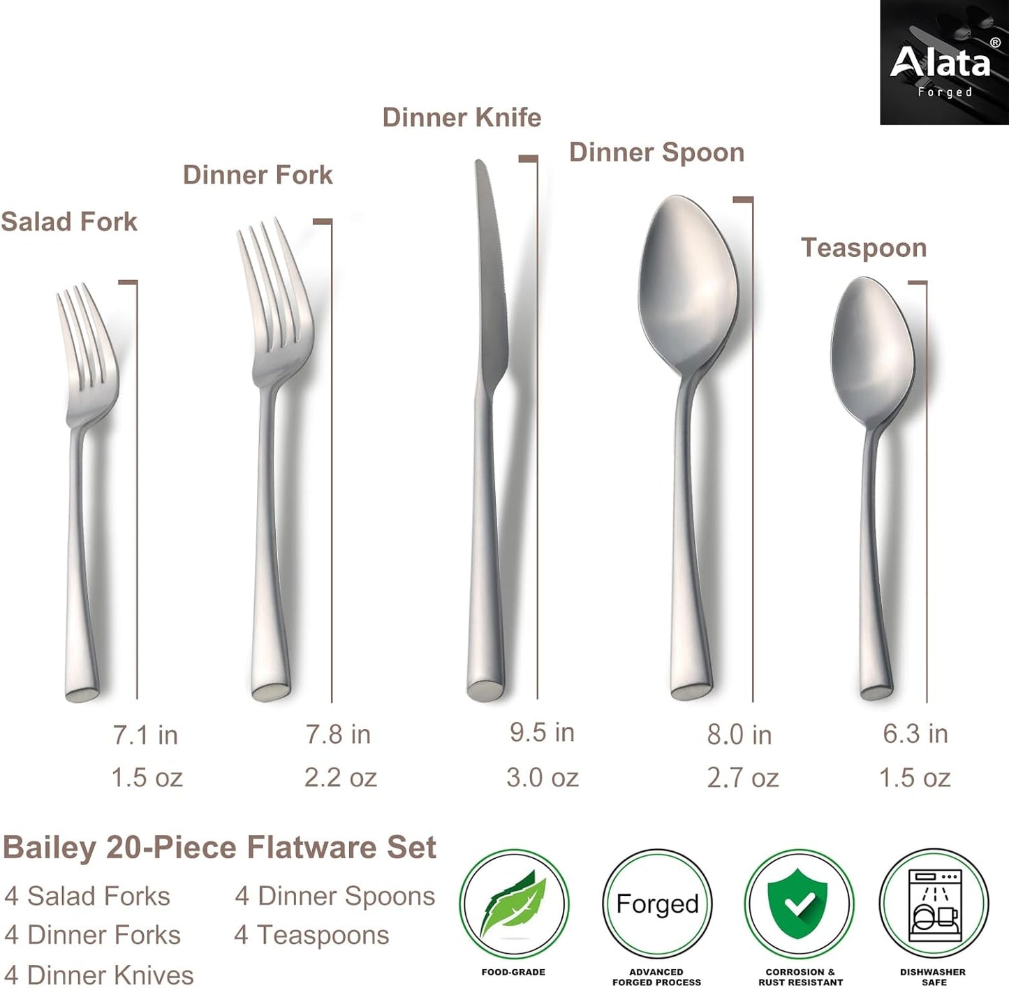 Alata Bailey 20-Piece Forged Stainless Steel Flatware Set Cutlery Set,Service for 4,Matte Satin Finish,Dishwasher Safe…
