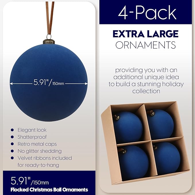 Sea Team 4-Pack Large Flocked Velvet Christmas Tree Ball Ornaments Set, Hanging Velour Baubles, Shatterproof Plastic Decorations for Xmas Tree, Wreath, Garland, 150mm/5.91 Inches, Royal Blue