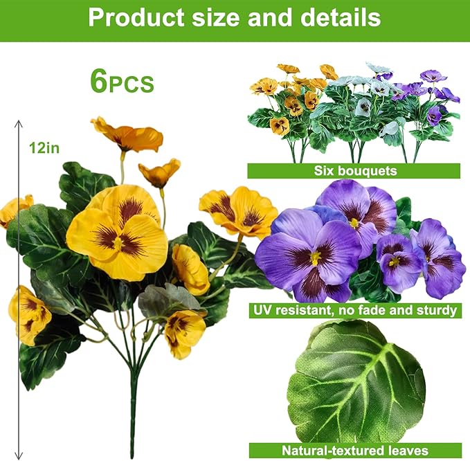 6 Bundles Outdoor Artificial Pansy Flowers - UV Resistant Silk Faux Pansies (Purple, Yellow, White) for Planter, Front Door, Porch, Yard, Patio, Window Box & Home Decor