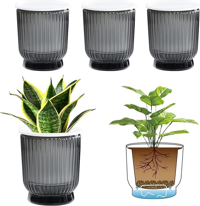 T4U 4.8 Inch Self Watering Plant Pot, 4 Pack Self Watering Pots, Self Watering Planter with Reservoir, Small Self Watering Pots for Indoor Plants, African Violets (4 Pack 4.8", Translucent Gray)