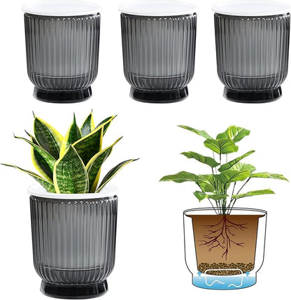 T4U 4.8 Inch Self Watering Plant Pot, 4 Pack Self Watering Pots, Self Watering Planter with Reservoir, Small Self Watering Pots for Indoor Plants, African Violets (4 Pack 4.8", Translucent Gray)