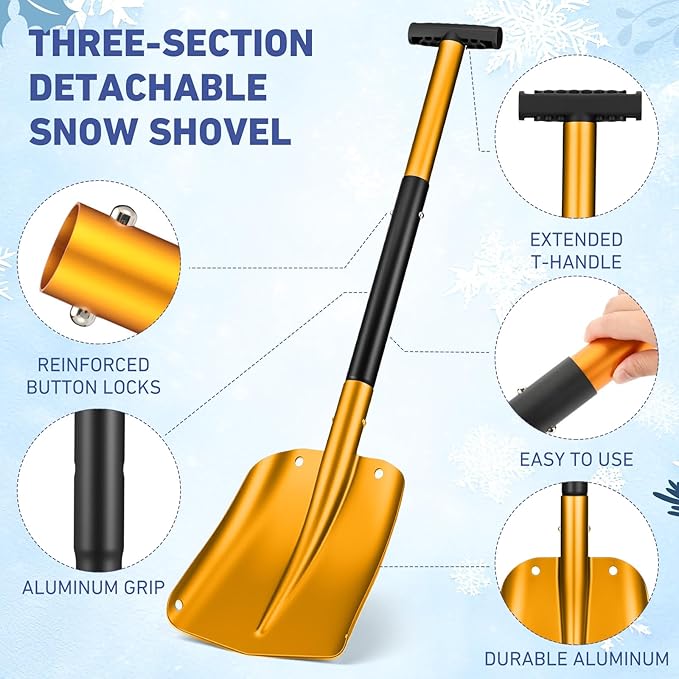 Gisafai 1 Pcs 34'' Detachable Emergency Snow Shovel for Car Aluminum Extendable Collapsible Snow Shovel Emergency Car Cleaning Equipment Suitable for Truck SUV Van Camp Outdoor (Gold)
