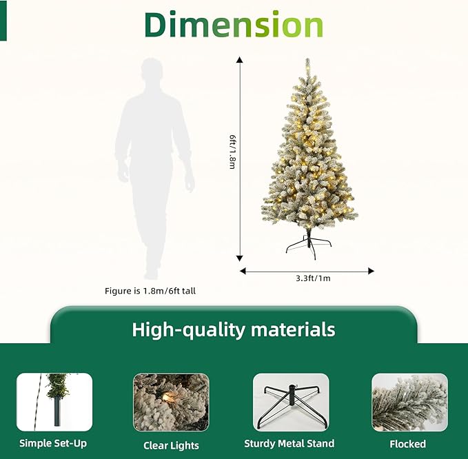 6FT Pre-Lit Snow Flocked Christmas Tree with 300 Warm White LED Lights, 575 PVC Branch Tips, Fake Xmas Snowy Trees,Pre-Hinged & Foldable Base for for Indoor, Office, Party, Holiday Décor