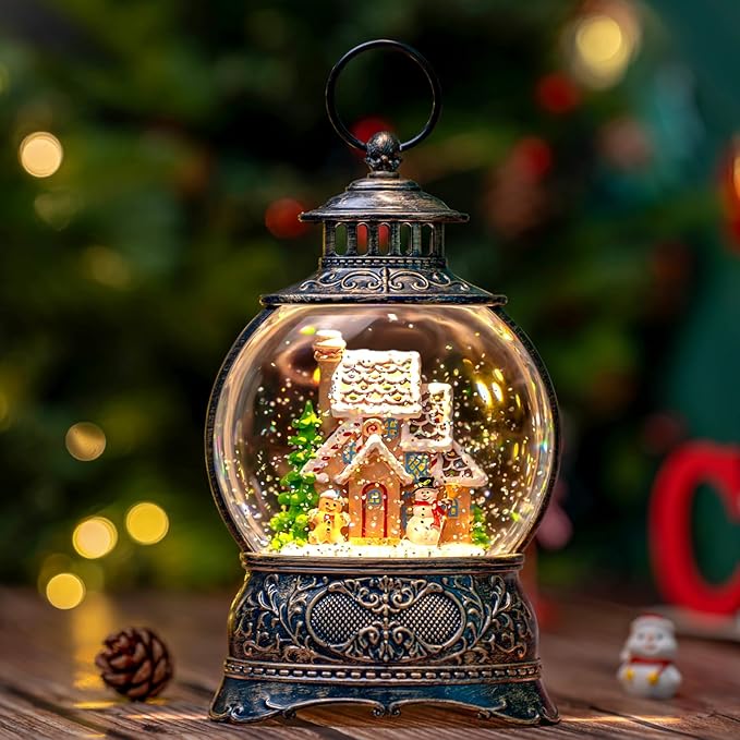 Christmas Snow Globes Christmas Water Lantern with Gingerbread Man & Snowman, Music & 6H Timer, USB Lined/Battery Operated Lighted Lanterns for Xmas Festival Decoration Gifts