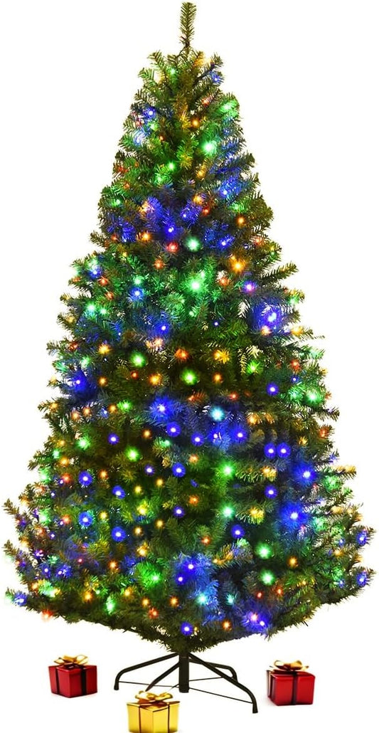 COSTWAY 6 FT Pre-lit Christmas Tree, Artificial Xmas Tree with 350 Warm White & Multicolored Lights, 11 Modes, 1000 Branch Tips, Metal Support, Holiday Decoration Fake Tree for Home, Office, Party