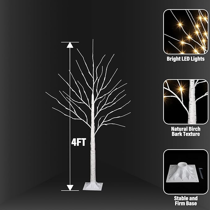 iBaycon 4FT Christmas Birch Tree Lights, Lighted Birch Tree LED Artificial Trees with 8 Modes Timer, Prelit Light Up Trees for Indoor and Outdoor Party Holiday Christmas Decorations