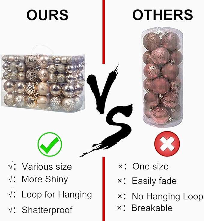 100PCS Christmas Ball Ornaments, Assorted Shatterproof Christmas Tree Decorations, Seasonal Decorative Hanging Baubles Decor Set for Xmas/Holiday/Party, Glitter&Painting Ornament Set (Champagne)