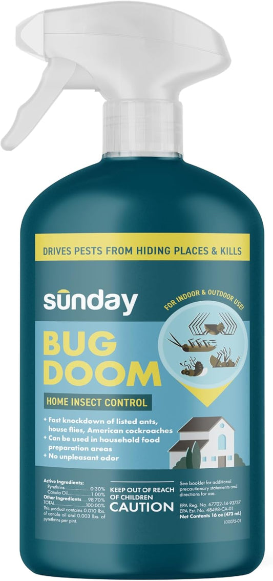 Sunday Bug Doom Home Insect Barrier Spray - Indoor Insect Spray with Botanically Derived Pyrethrin - Kills Ants, Spiders, Cockroaches & More - 16 Fl Oz