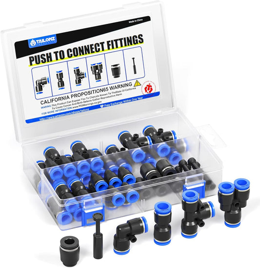 TAILONZ PNEUMATIC 1/2 Inch od Push to Connect Fittings Pneumatic Fittings Kit 5 Spliters+5 Elbows+5 tee+5 Straight+5 PPF+5 PP (30 pcs)