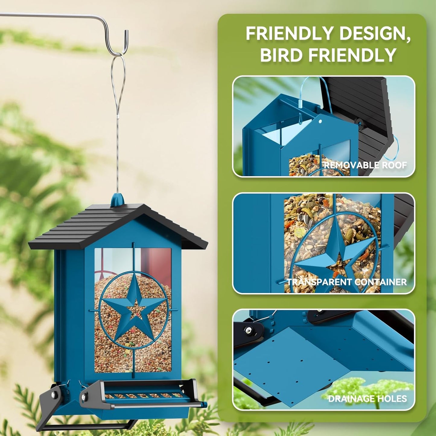 Squirrel Proof Bird Feeder for Outdoors Hanging, Metal Wild Bird Seed Feeder with Bilateral Weight-Activated Perches, 5LB Large Capacity Wild Bird Feeders for Outside Finch, Cardinal, Blue Jay