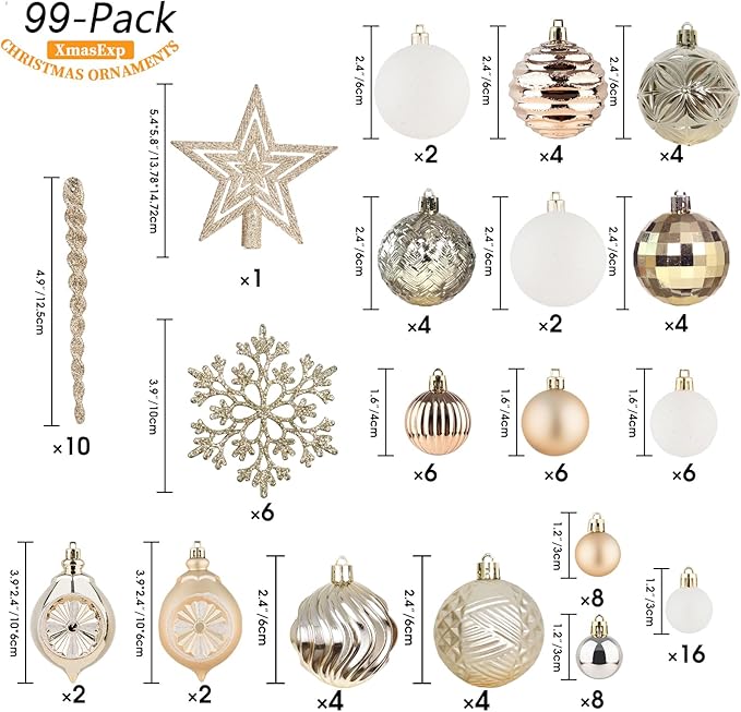 XmasExp 99-Pack Christmas Ball Ornaments Assorted Shatterproof Christmas Tree Decorations with Hand-held Gift Package for Xmas Tree,Home,Party(Champagne Gold)