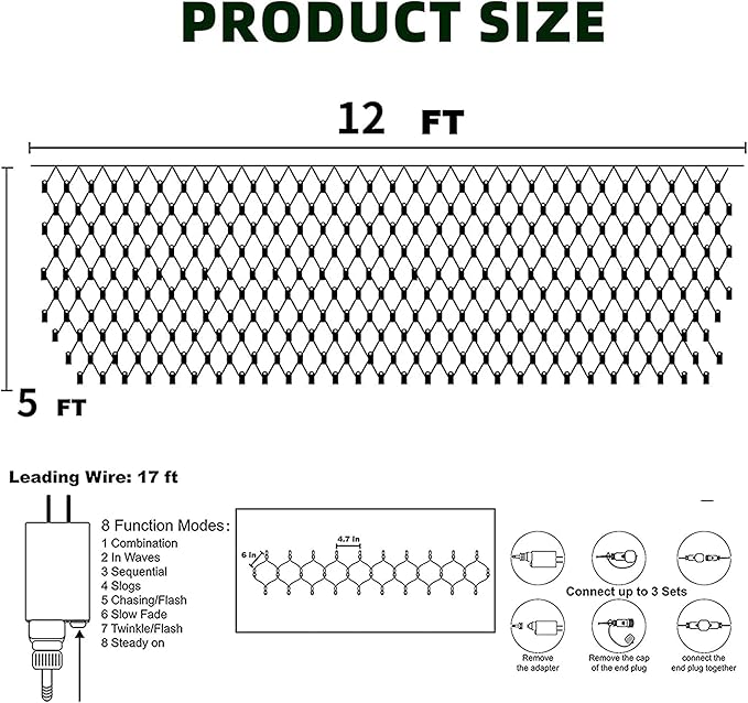 Dazzle Bright Christmas Net Lights, 360 LED 12FT x 5 FT Green Wire Waterproof Connectable String Lights with 8 Modes, Christmas Outdoor Light for Bush Garden Party Wedding Holiday Decoration (White)