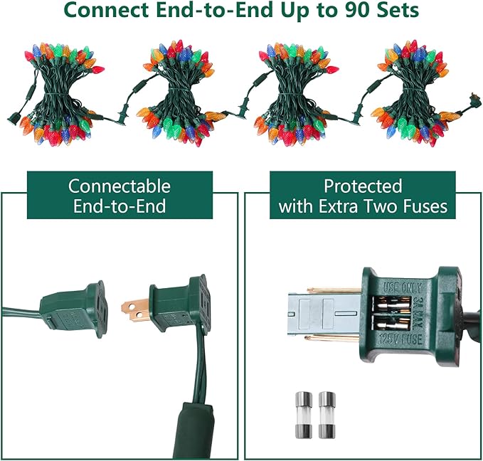 2-Set C7 Led Christmas String Lights, 25.16ft 50 LED Waterproof Decorative Light Strand, Extendable Green Wire String Lights for House, Christmas Tree, Patio, Party Decoration, Multicolor