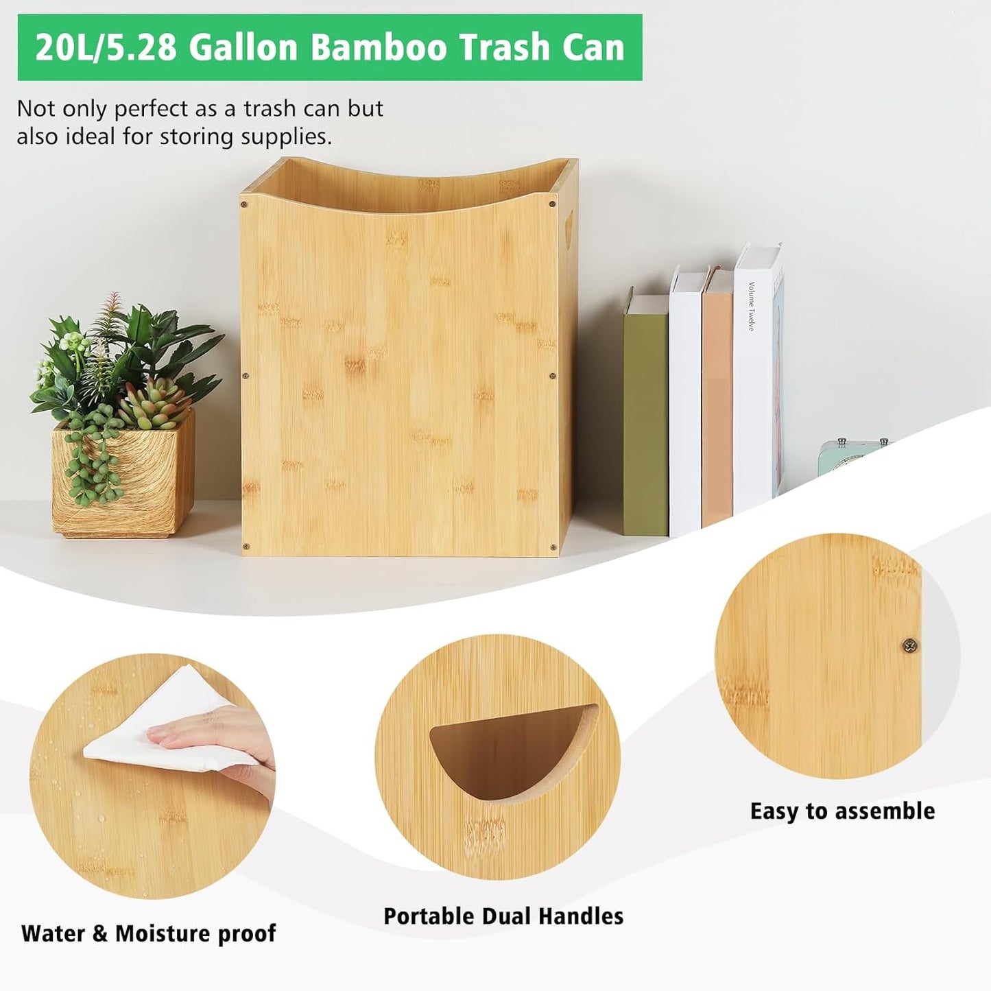 Trash Can Rectangular 5 Gallon Bamboo Waste Basket with Handles, Farmhouse Wastebaskets for Bathroom Office Trash Cans Square Bedroom Garbage Can Recycling Bin for Living Room Kitchen Under Counter