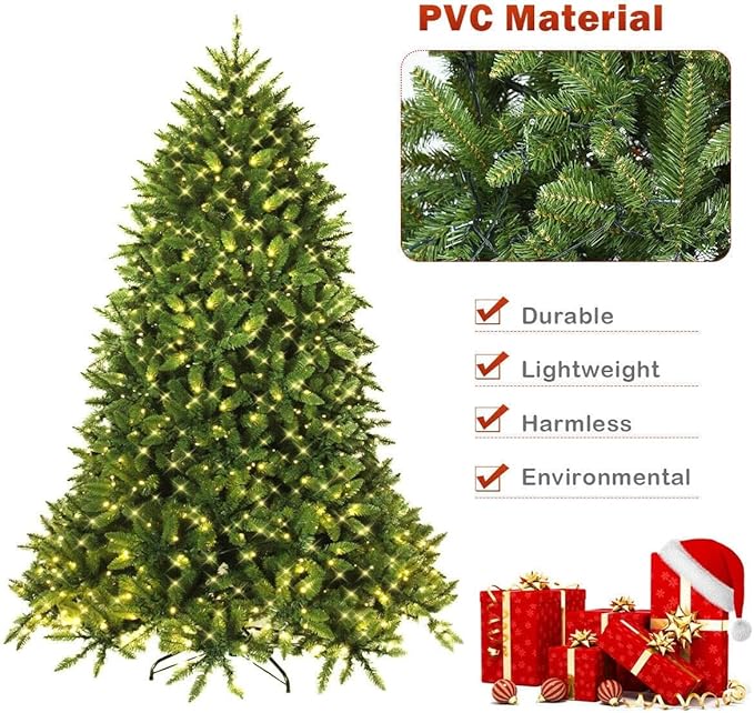 Goplus 6ft Pre-Lit Christmas Tree, Premium Hinged Artificial Fir Tree with 650 LED Lights, 1250 Branch Tips and Metal Stand, Easy Assemble, Xmas Decor for Home Office