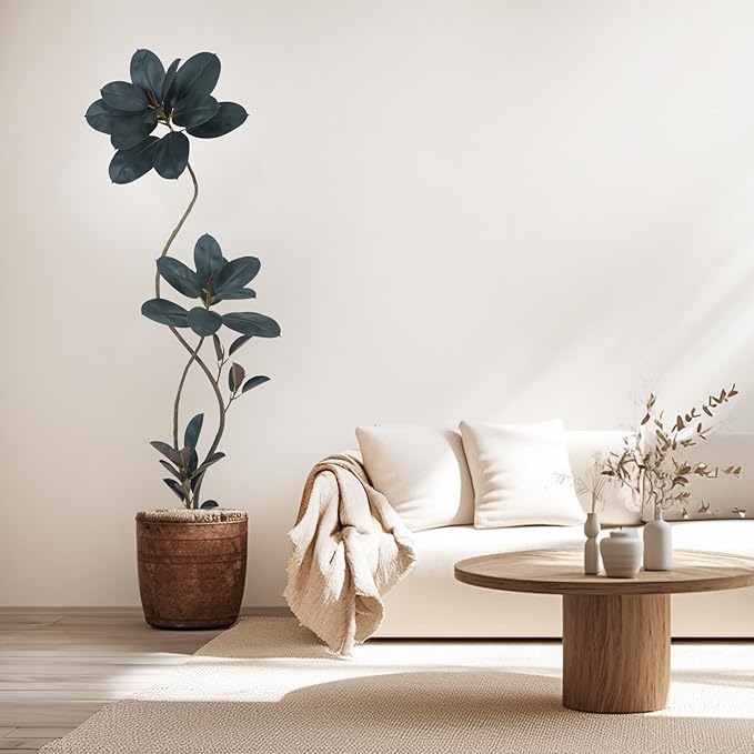 Artificial Rubber Tree Plant, 72 Inch Indoor Tree, Black with Round Planter, All Season Home Decor (Black, 6ft)