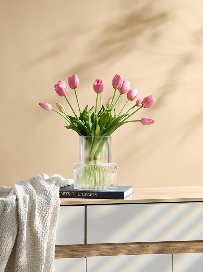 15 Pcs Deep Pink Tulips Artificial Flowers Faux Tulips Real Touch Latex Fake Flower Bouquet for Spring Wedding Home Décor Centerpiece Arrangements