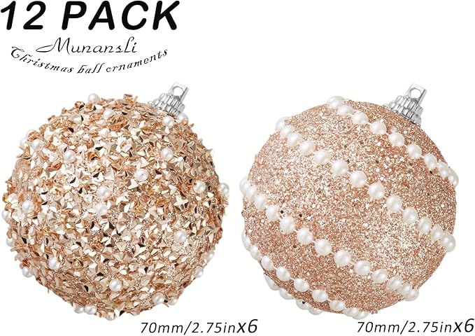 Rose Gold Christmas Ball Ornaments,12ct Christmas Tree Shatterproof Plastic Hanging Sequin Xmas Balls for Festivals Holiday Party Decorations(70mm/2.76")