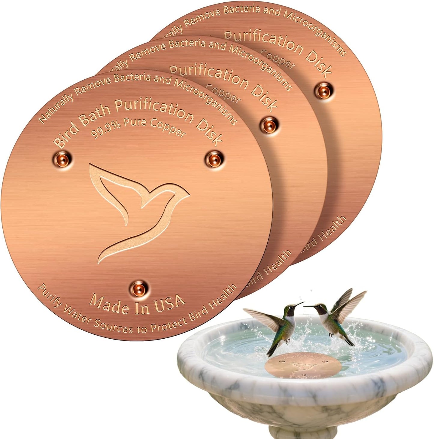 3PCS Bird Bath Copper Disk,1mm Thick Reinforced 99.99% Pure Copper Disc with Triple-Point Support,Bird Bath Accessories for Outside Birdbaths Bowls Physical Safe Water Cleaner for All-Season Use