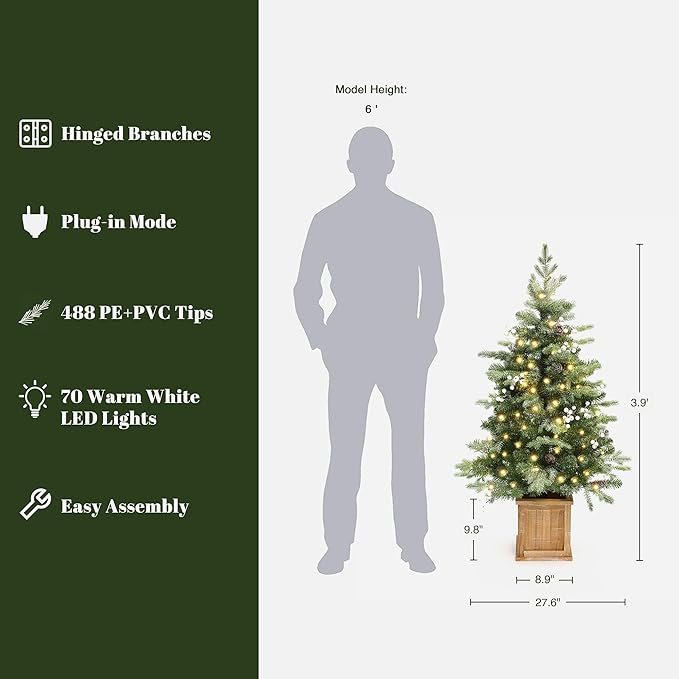 LuxenHome 4FT Potted Flocked Christmas Tree, Small Christmas Tree Prelit with 70 Warm White LED Lights, Berries and Pine Cones, Lighted Pencil Artificial Christmas Trees with Planter Indoor & Outdoor