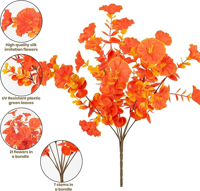 Artificial Faux Flowers for Outdoor 16 Bundles Boxwood Fake Morning Glory for Planter,UV Resistant Fake Flowers for Home Porch Patio Outside (Fall Red)