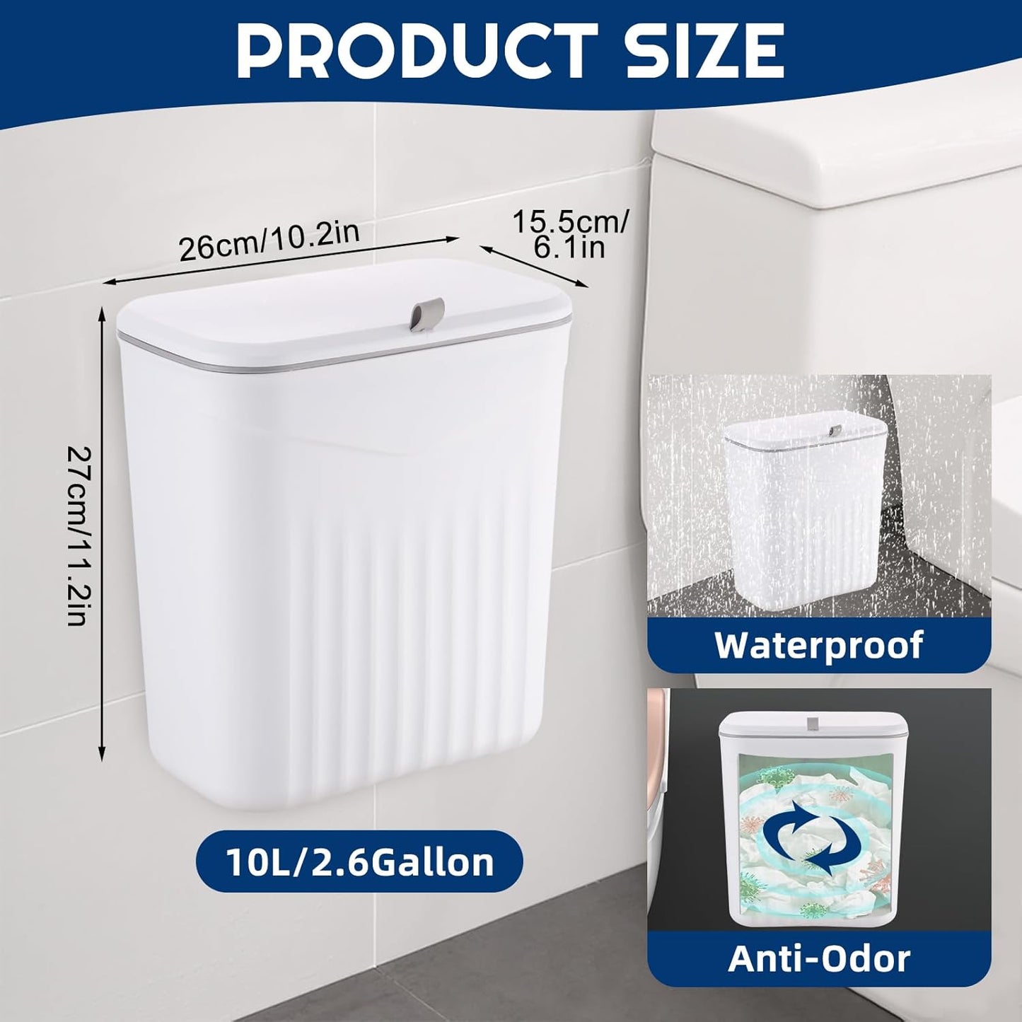 3 Pack Hanging Trash Can with Lid, Kitchen Compost Bin for Counter Top or Under Sink, Waste Basket Wall Mounted Garbage Can for Cupboard/Bathroom/Bedroom/Office/Camping (White)