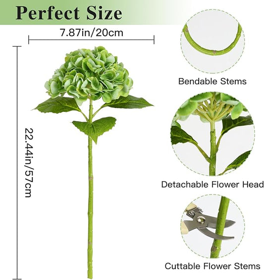 Nubry 22.44In Green Hydrangea Artificial Flowers,4Pcs Latex Faux Real Touch Large Hydrangea Flowers with Long Stems & Leaves for Home Office Decor Wedding Party Arrangements(Green)