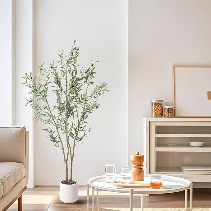 Artificial Fake Olive Tree 5FT Tall 1Pack with White Planter Faux Silk Olive Tree for Home Living Room Office Decor Faux Artificial Plants Indoor with Fruit & Free Moss