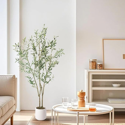 Artificial Fake Olive Tree 5FT Tall 1Pack with White Planter Faux Silk Olive Tree for Home Living Room Office Decor Faux Artificial Plants Indoor with Fruit & Free Moss