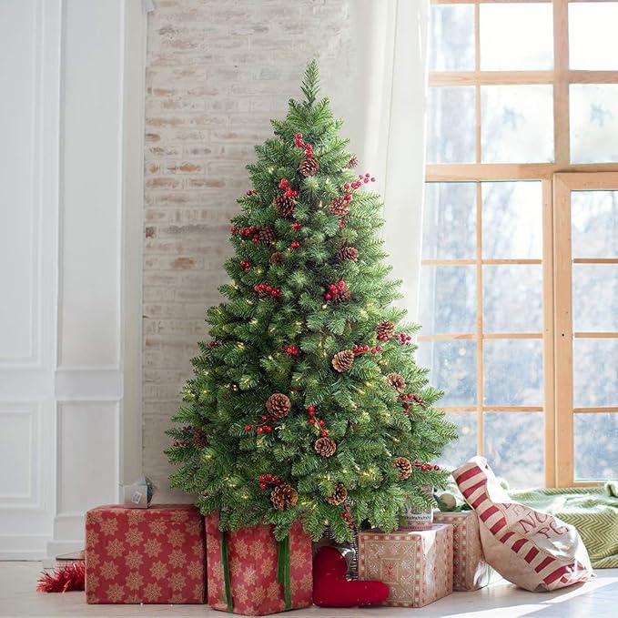 4FT Christmas Tree Prelit, Small Artificial Christmas Tree with Cloth Bag Base, Tabletop Christmas Tree Decorated with Berries and Pine Cones